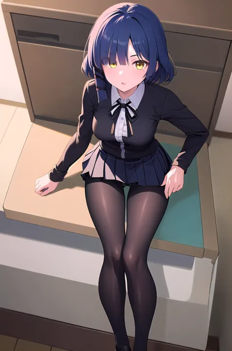 masterpiece, best quality, ultra-high-detailed, 1girl, white shirt, neck ribbon, short over long sleeves, pleated skirt, black pantyhose micro tanding、(half:1.3), Wide Hips, Thick thighs, (Thigh Gap:1.2), Big , 