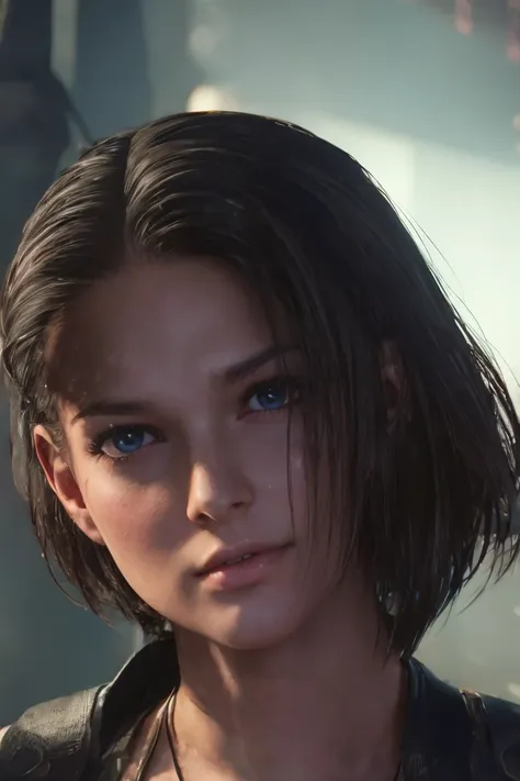 masterpiece, jill valentine, re3 remake, blue eyes:0.3, brown hair, oval face, long bob hair, portrait,