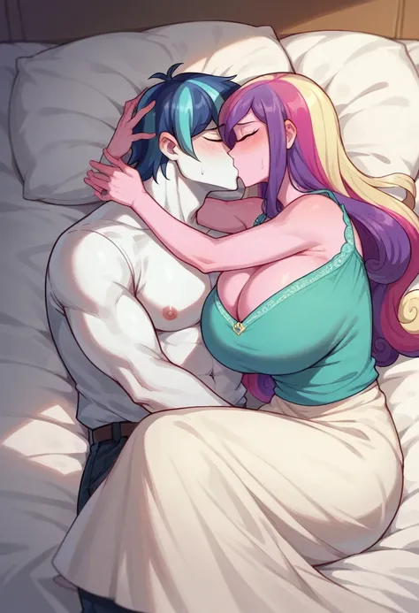 my little pony equestria girls princess cadence , in bed, HUGE titties , kissing Shining Armor , sitting on his laps , in pyjamas