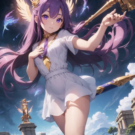 masterpiece, Highest quality, Super Resolution, 8K, 15-year-old female, Purple long hair, Handsome face, Big Eyes, A simple white mini dress, Exposed chest, Phoenix staff in right hand, Greek statue of Athena behind