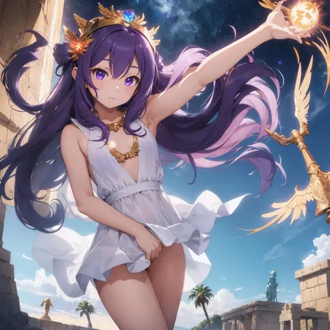 masterpiece, Highest quality, Super Resolution, 8K, 15-year-old female, Purple long hair, Handsome face, Big Eyes, A simple white mini dress, Exposed chest, Phoenix staff in right hand, Greek statue of Athena behind