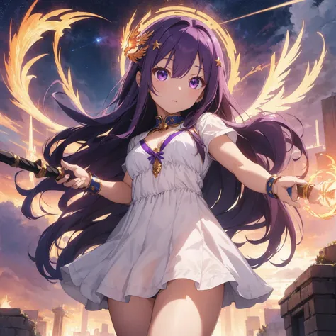 masterpiece, Highest quality, Super Resolution, 8K, 15-year-old female, Purple long hair, Handsome face, Big Eyes, A simple white mini dress, Exposed chest, Phoenix staff in right hand, Greek statue of Athena behind