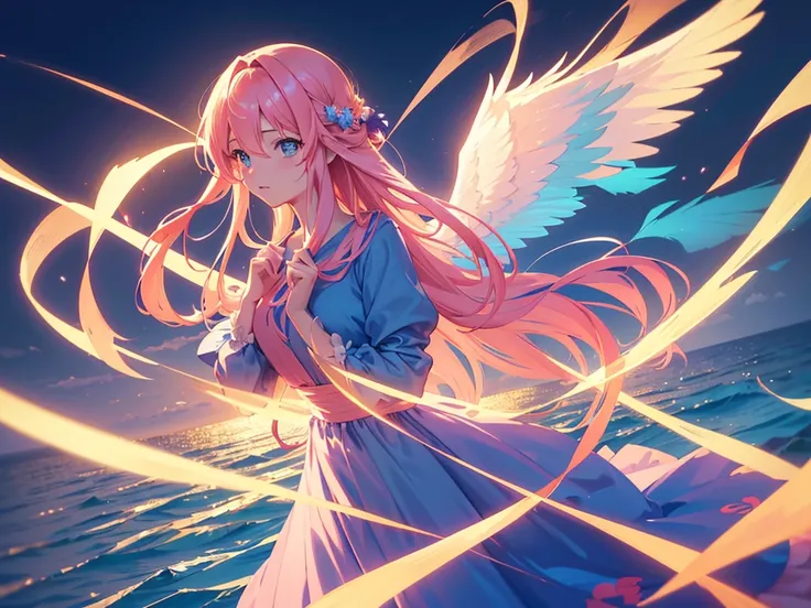 anime, Style, 1 pink long haired girl in a blue dress, long angel wings, floating on air, , on the beach in the night(best quality, 4k, 8k, high resolution, obra-prima: 1.2), ultra-detailed, (realista, fotorealista, foto-realista: 1.37) colorido com vibran...