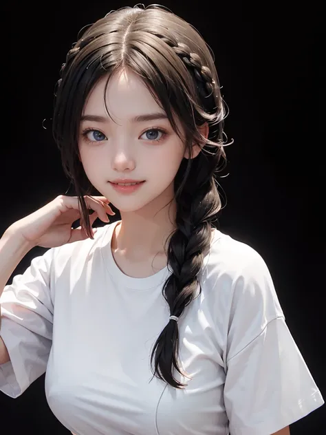 detailed eyes ,huge breasts , braided hairstyle , portrait , white t-shirt , black background , black hair , smile , black eyes , Calm posture