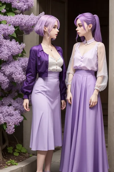 I want a character with a purple skirt and a purple blouse with a purple grape. I want her with lilac hair and her lilac skin 