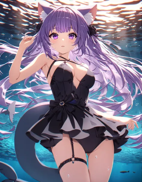 a cute adult anime girl,  hair, purple eyes, elegant pose, black dress, dark cat ears, dark shark tail, purple shark fin in the back, urrounded by a ocean underwater, spectacular cinematic lighting, underwater atmosphere, highly detailed, 8k, photorealisti...