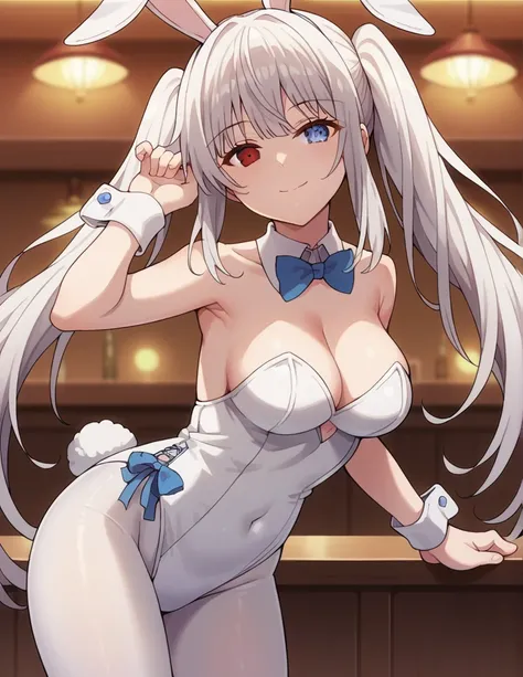 1girl, solo, long hair, big breasts, looking at viewer, smile, bangs, blue eyes, red eyes, dancing, bow, animal ears, cleavage, bare shoulders, twintails, medium breasts, very long hair, closed mouth, tail, white hair, pantyhose, sidelocks, indoors, bowtie...