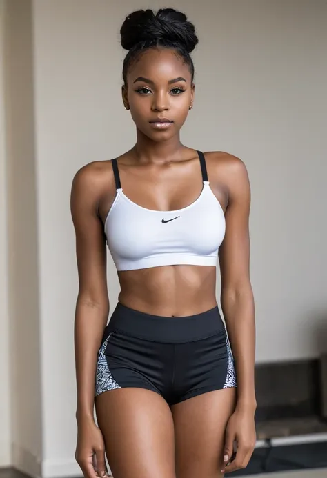 20 year old black african woman, black hair blackpower perfect face, wearing thin strap bra and sexy short tight gym shorts