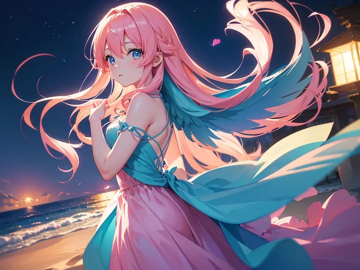 anime, Style, 1 pink long haired girl in a blue dress, long angel wings, floating on air, , on the beach in the night(best quality, 4k, 8k, high resolution, obra-prima: 1.2), ultra-detailed, (realista, fotorealista, foto-realista: 1.37) colorido com vibran...