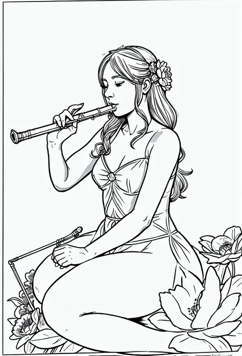 A fairy sitting on a large flower, playing a flute. clean line art, white background, colouring page, clean outline, sketch style, clean lines