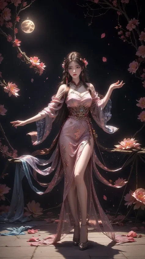 A beautiful woman with perfect curves wearing a long dress that gently flutters in the air,The beautiful woman was standing in a sea of beautiful flowers surrounding her, Chinese traditional, her flexible body increasing with every movement, So enchanting,...