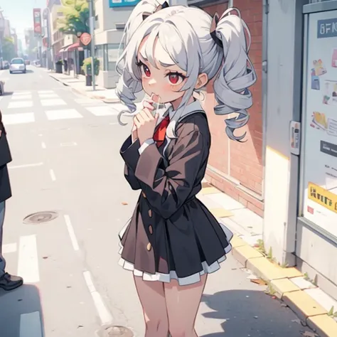 Young girl with grey hair, ((fringed and curly hair)),((curly short twintail)), curly hair ,(red eyes),, ((small bushy eyebrows)), wearing gothic lolita clothing, lolicon , walking to school, bored look, bored face,,  cum bubbling out her mouth, in a stree...