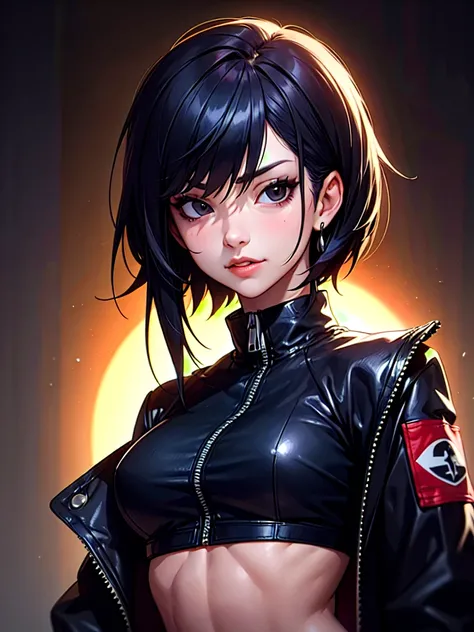 ((Portrait)), She has an Athletic Appearance, with Adult Charm, Fair Skin and a Muscular Build. She Expresses a Proud and Smug Look, Giving Off a Self-Confident Attitude. She has Black Eyes, Her Hair is Short and Tousled, Dark Blue Gradient, with Uneven St...