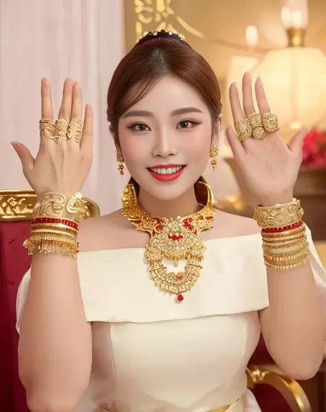 Close-up of woman wearing red dress and gold jewelry, traditional beauty, Wear gold jewelry, Vietnamese woman, gold and red, Niwan Chandra, Southeast Asia that has existed for a long time, traditional chinese, red and gold, Chinese woman, Southeast Asians ...