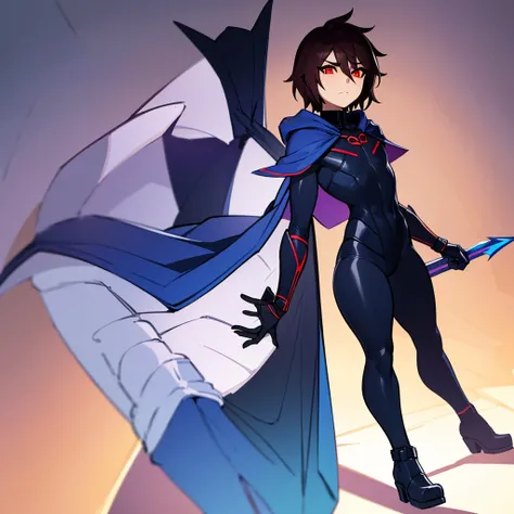 1boy, Femboy, superhero, crossdresser man, teenager, with a dark blue with red accents full body Spandex crow themed suit, with a blue cape, a blue glowing decal in the chest, black gloves and black boots that resemble crow feet, and a hoodie, long technol...