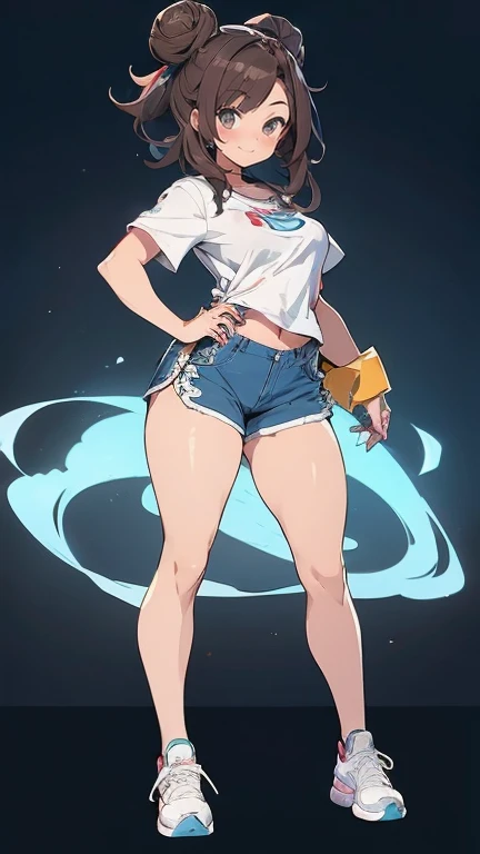 Create an anime-style female Pokémon character. she has fair skin, blue eyes and her hair is dark brown and styled in two large buns on each side of her head.. She is dressed in a tight white t-shirt with light blue sleeves.., with emblem on the chest and ...