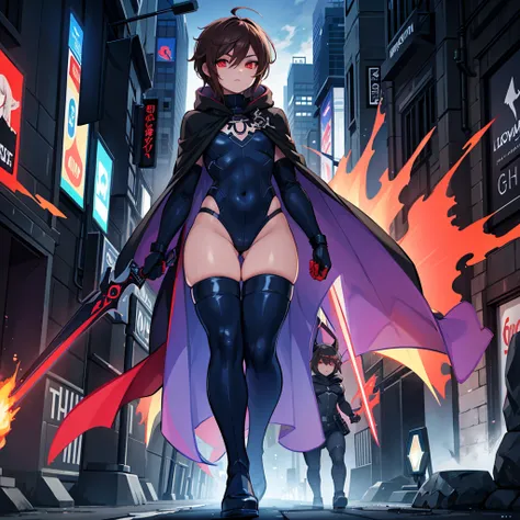 1boy, Femboy, superhero, crossdresser man, teenager, with a dark blue with red accents full body Spandex crow themed suit, with a blue cape, a blue glowing decal in the chest, black gloves and black boots that resemble crow feet, and a hoodie, long technol...