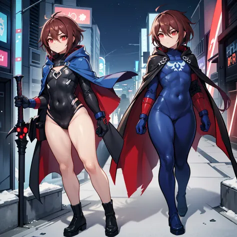 1boy, Femboy, superhero, crossdresser man, teenager, with a dark blue with red accents full body Spandex crow themed suit, with a blue cape, a blue glowing decal in the chest, black gloves and black boots that resemble crow feet, and a hoodie, long technol...