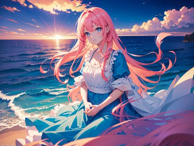 anime, Style, 1 pink long haired girl in a blue dress, long angel wings, floating on air, , on the beach in the night(best quality, 4k, 8k, high resolution, obra-prima: 1.2), ultra-detailed, (realista, fotorealista, foto-realista: 1.37) colorido com vibran...