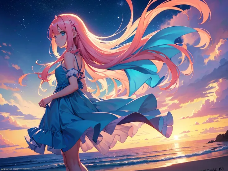 anime, Style, 1 pink long haired girl in a blue dress, long angel wings, floating on air, , on the beach in the night(best quality, 4k, 8k, high resolution, obra-prima: 1.2), ultra-detailed, (realista, fotorealista, foto-realista: 1.37) colorido com vibran...