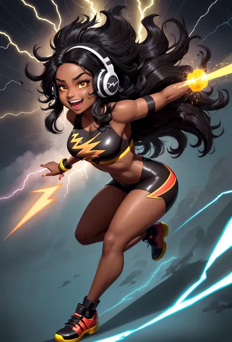 Generate a cartoonish image of a cheerful character, brown skin, jet black long hair, with a lively expression, possibly accompanied by a lightning bolt flashing in the background to emphasize the blitz element. The character should exude energy and playfu...