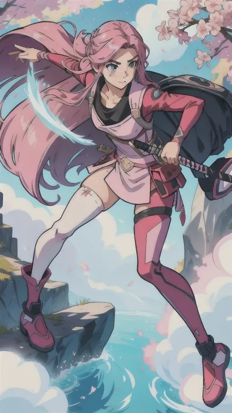 Fortnite and Ghibli style, girl with pink long hair, soilder, white clouthes, magic of beauty, full body, magic katana