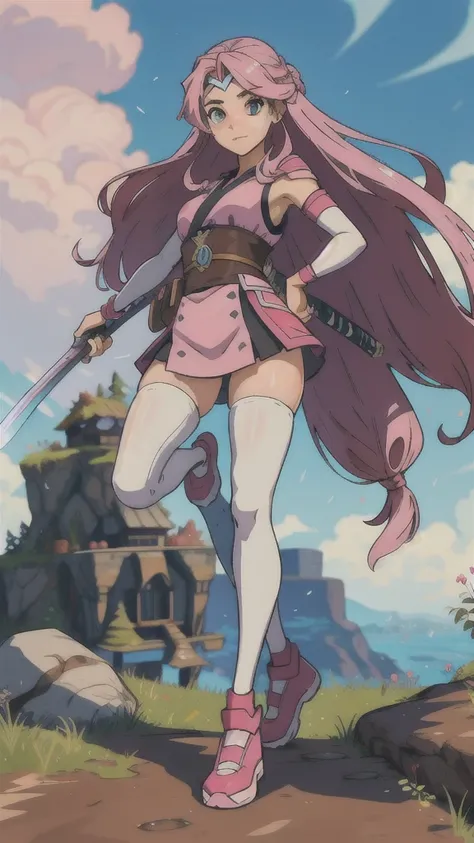 Fortnite and Ghibli style, girl with pink long hair, soilder, white clouthes, magic of beauty, full body, magic katana