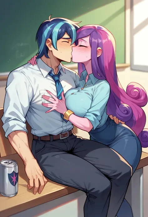 my little pony equestria girls princess cadence , in teacher clothes , HUGE titties , kissing Shining Armor , sitting on his laps , sloppy , all the students can see them