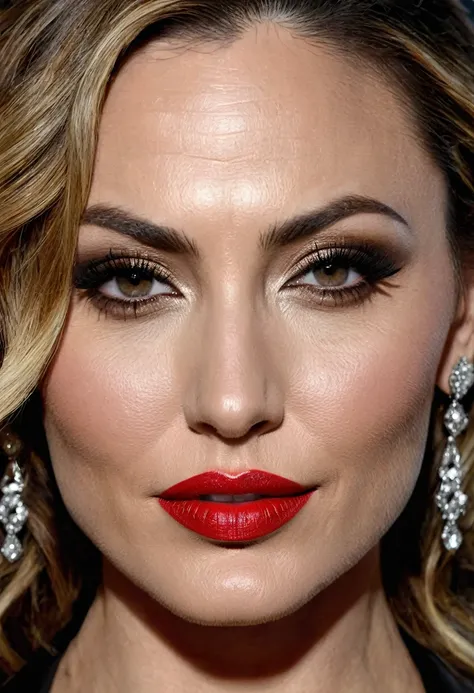 Waist-up shot of a beautiful female whose face combines features of Drea de Matteo + Morena Baccarin. The female has lovely makeup on her face. The female wears red lipstick. Symmetrical eyes. Symmetrical face. Lovely details. Photorealistic. Full-colored ...