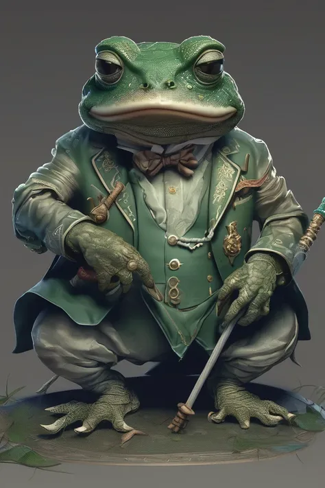 [ (character art by Artgerm:1.0) and Claude Monet::18], professional, water, Fatigued (a bunch of transparent haul!:1.2) , a toad dressed in a green suit holding a stick, toad samurai, frog philosopher the thinker, highly detailed toad, toad, stylized, hyp...