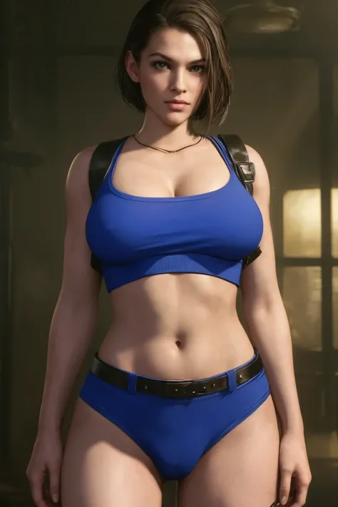 masterpiece, jill valentine, RE3 Remake, blue eyes:0.3, brown hair, oval face, long bob hair, portrait, huge breast, wide hips , cameltoe pussy, oiled skin, marked nipples, marked pussy 