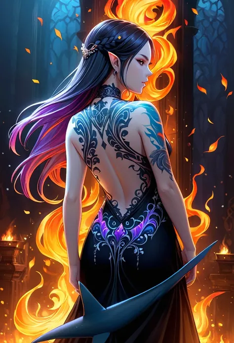  a picture of a ((shark tattoo: 1.5)) on the back of a female elf, Dark fantasy art, fantasy art, goth art,, a glowing tattoo of a ((shark: 1.3)) on the back of the elf, the ((shark tattoo)) is vivid, intricate detailed coming to life from the ink to real ...