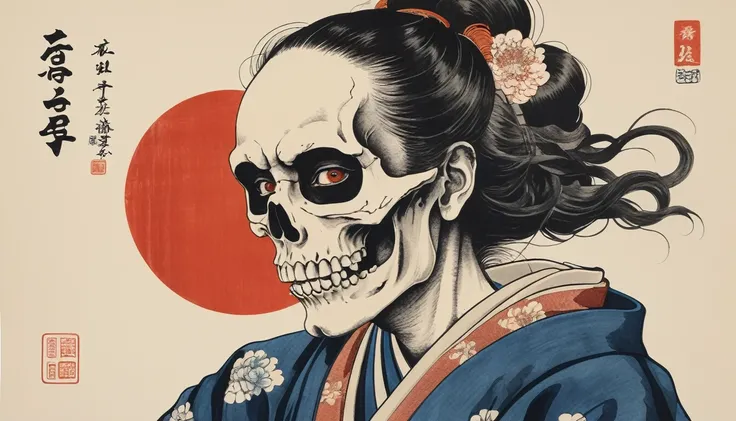 Cover your entire face with a skull mask, Highest quality, Katsushika Hokusai, Ink Painting, Delicate and precise, Modern ukiyo-e style, long hair, Japanese flag