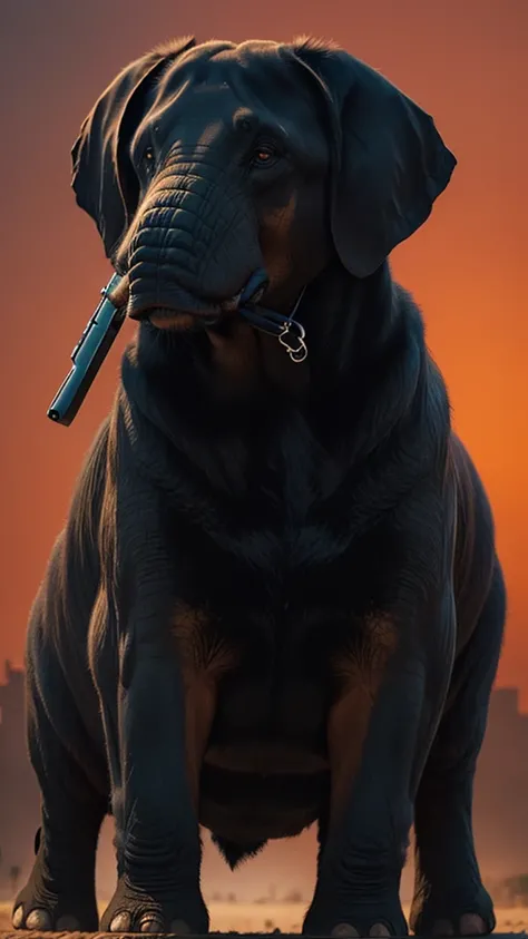 Elephant-bodied Rottweiler with a gun
