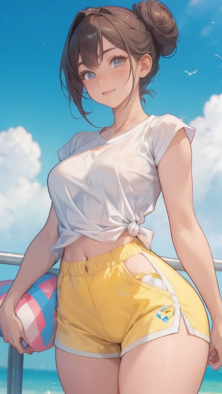 Create an anime-style female Pokémon character. she has fair skin, blue eyes and her hair is dark brown and styled in two large buns on each side of her head.. She is dressed in a tight white t-shirt with light blue sleeves.., with emblem on the chest and ...