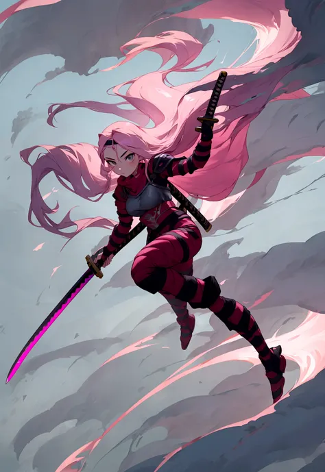 Fortnite and Ghibli style, girl with pink long hair, soilder, white clouthes, magic of beauty, full body, magic katana