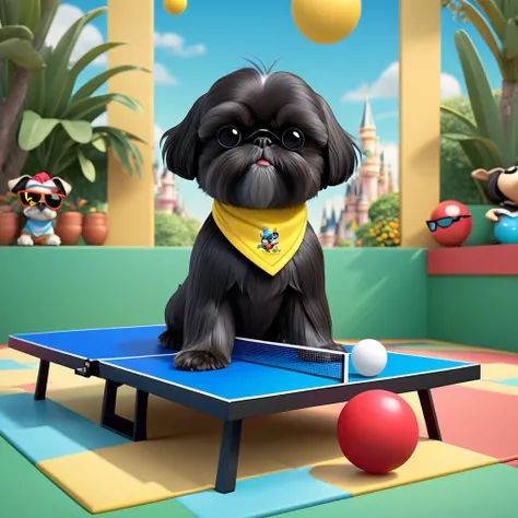 2 Adorable small black Shih Tzu puppies wearing bright bandannas and sunglasses playing ping pong Disney background 3d cartoon 3d render disney pixar style