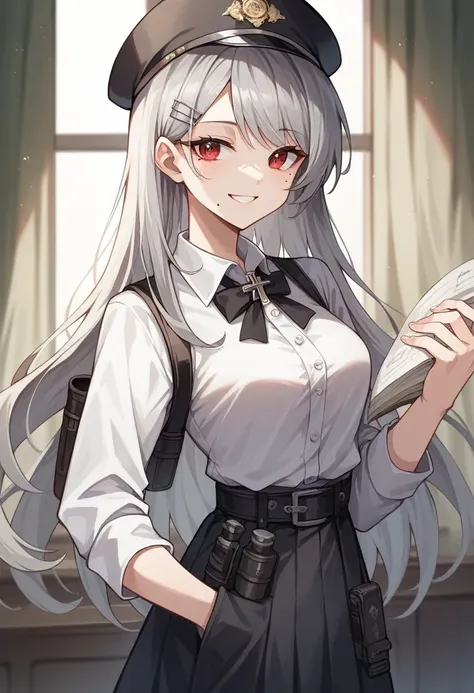 room,Idol Cross,masterpiece,Highest quality,Gray Hair, Red eyes,White shirt,(black formal hat),(Hair Clip:1.3),(Small Mouth Mole:1.3),smile,High resolution,4K,Black sleeves,whole body,Long Hair,long straight hair,Holster on waist,university student,quiet