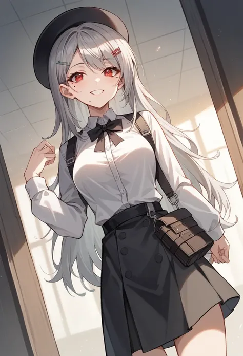 room,Idol Cross,masterpiece,Highest quality,Gray Hair, Red eyes,White shirt,(black formal hat),(Hair Clip:1.3),(Small Mouth Mole:1.3),smile,High resolution,4K,Black sleeves,whole body,Long Hair,long straight hair,Holster on waist,university student,quiet