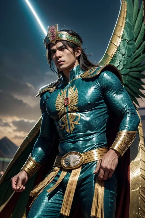 a quetzalcoatl man of mexican race superhero style