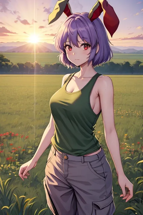 1girl (distant), Touhou, Reisen Inaba, short hair, light purple hair clolor, red eyes color, female tank top (dirty), tactical pants (military green), Plantation fields, standing (In middle of the fields), (wide shot, wider shot), full body, distant shot, ...