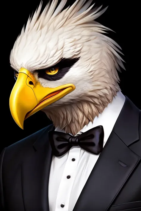 Man in suit with eagle mask, with black background
