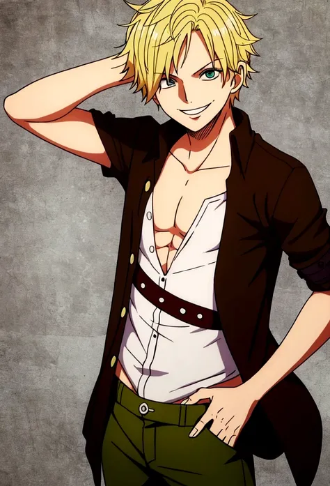 Young Boy Pirate (23 years old), blond short loose hair WITHOUT HAT, green eyes, kind smiling, wearing white chemise pirate, brown pants pirate