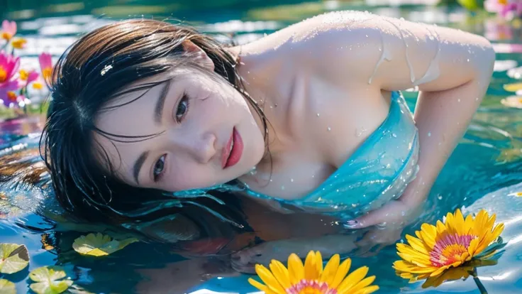 close up (face) (focus on face) ((face soaked in water) portrait of a cute woman, close eyes (gldot) bathing in a river full of ((colorful flower)), clear blue water crystal clear, reeds, (backlighting), realistic, masterpiece, highest quality, lens flare,...