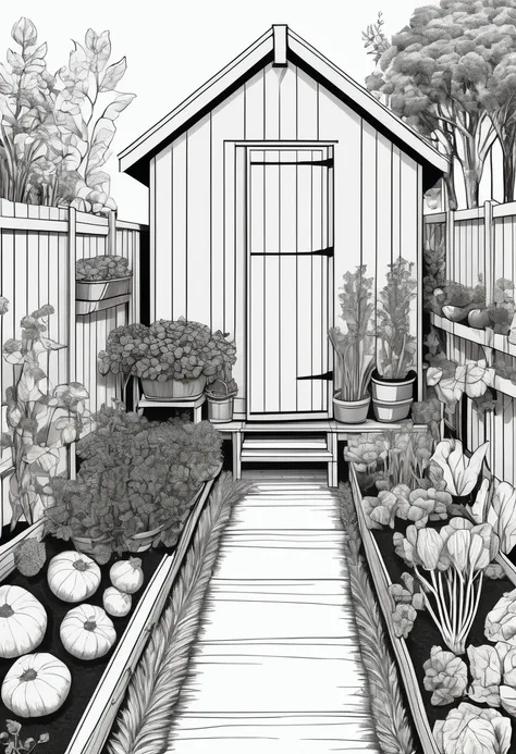 A garden shed surrounded by vegetables and herbs growing in raised beds clean line art, white background, colouring page, clean outline, sketch style, clean lines, details line work, floral design,