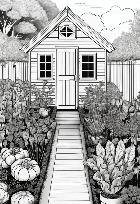 A garden shed surrounded by vegetables and herbs growing in raised beds clean line art, white background, colouring page, clean outline, sketch style, clean lines, details line work, floral design,