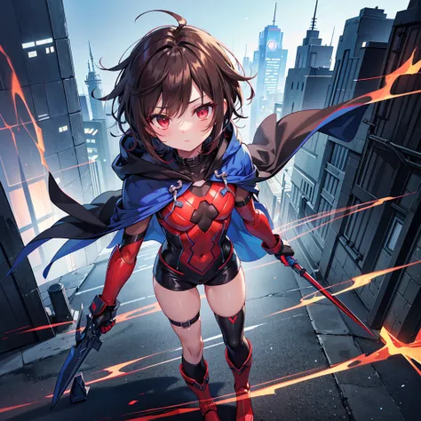 1boy, Femboy, superhero, crossdresser man, teenager, with a dark blue with red accents full body Spandex crow themed suit, with a blue cape, a blue glowing decal in the chest, black gloves and black boots that resemble crow feet, and a hoodie, long technol...