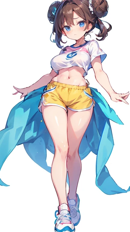 Create an anime-style female Pokémon character. she has fair skin, blue eyes and her hair is dark brown and styled in two large buns on each side of her head.. She is dressed in a tight white t-shirt with light blue sleeves.., with emblem on the chest and ...