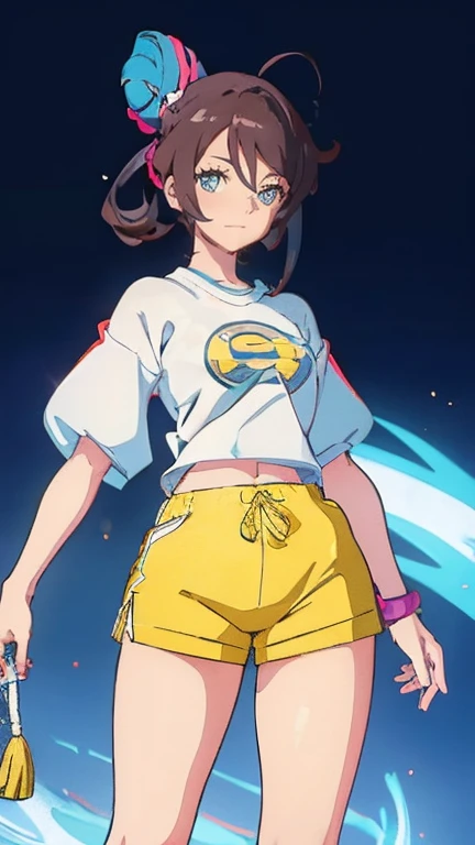 Create an anime-style female Pokémon character. she has fair skin, blue eyes and her hair is dark brown and styled in two large buns on each side of her head.. She is dressed in a tight white t-shirt with light blue sleeves.., with emblem on the chest and ...