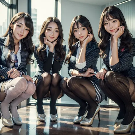 (best quality, masterpiece:1.5), (ultra-detailed, realistic:1.37),4K,(4girls:1.5),japanese,cute,beautiful,(striped office suits:1.3),(tight skirt),(black pantyhose:1.2),smile,